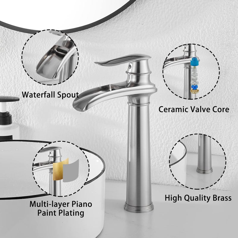 GGStudy Bathroom Faucet Brushed Nickel Waterfall Single Handle One Hole Tally Body Farmhouse Bathroom Vessel Sink Faucet Matching with Pop Up Drain - Image 5
